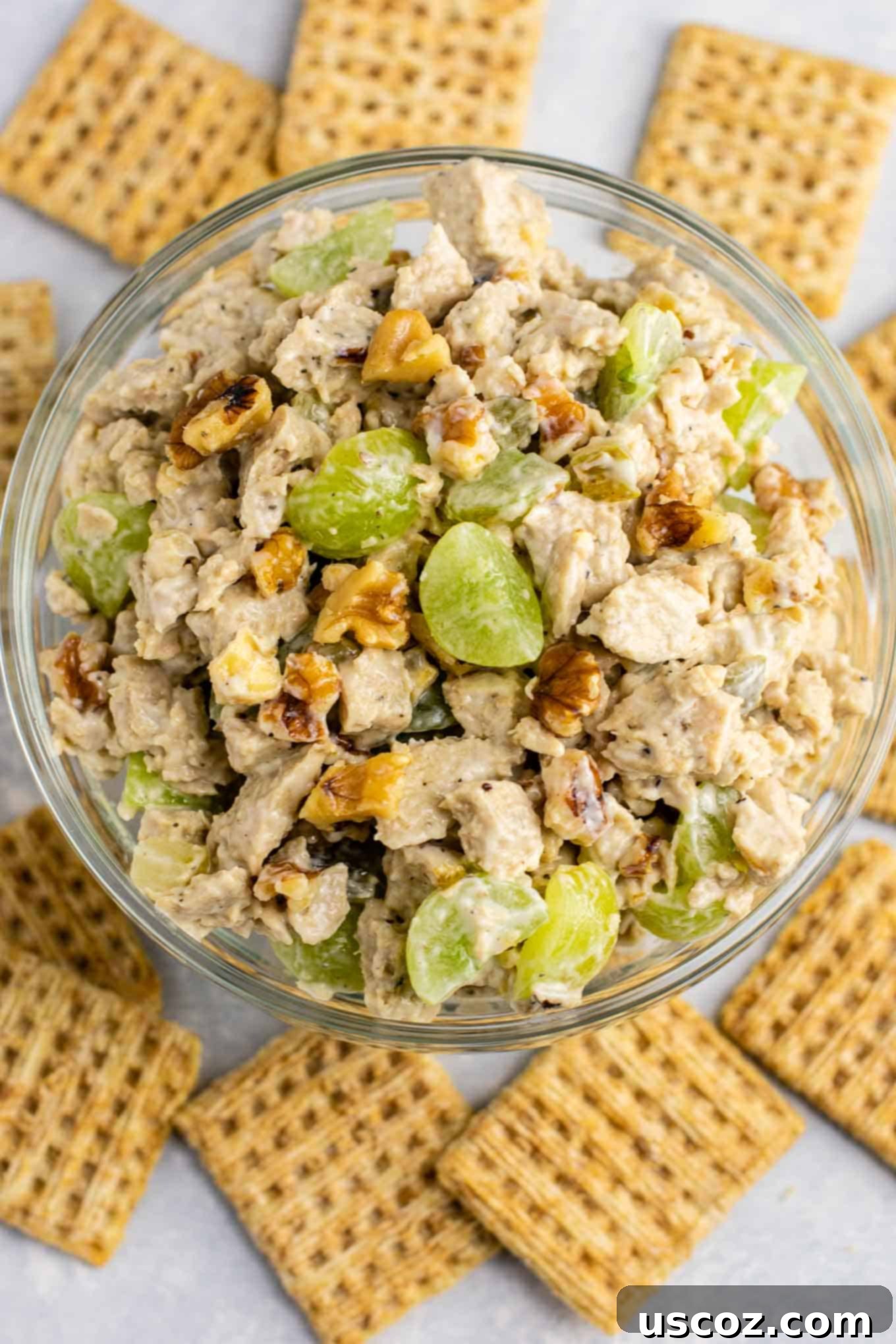A close-up shot of vegan chicken salad, showcasing the diced vegan chicken, quartered grapes, and chopped walnuts in a creamy dressing.