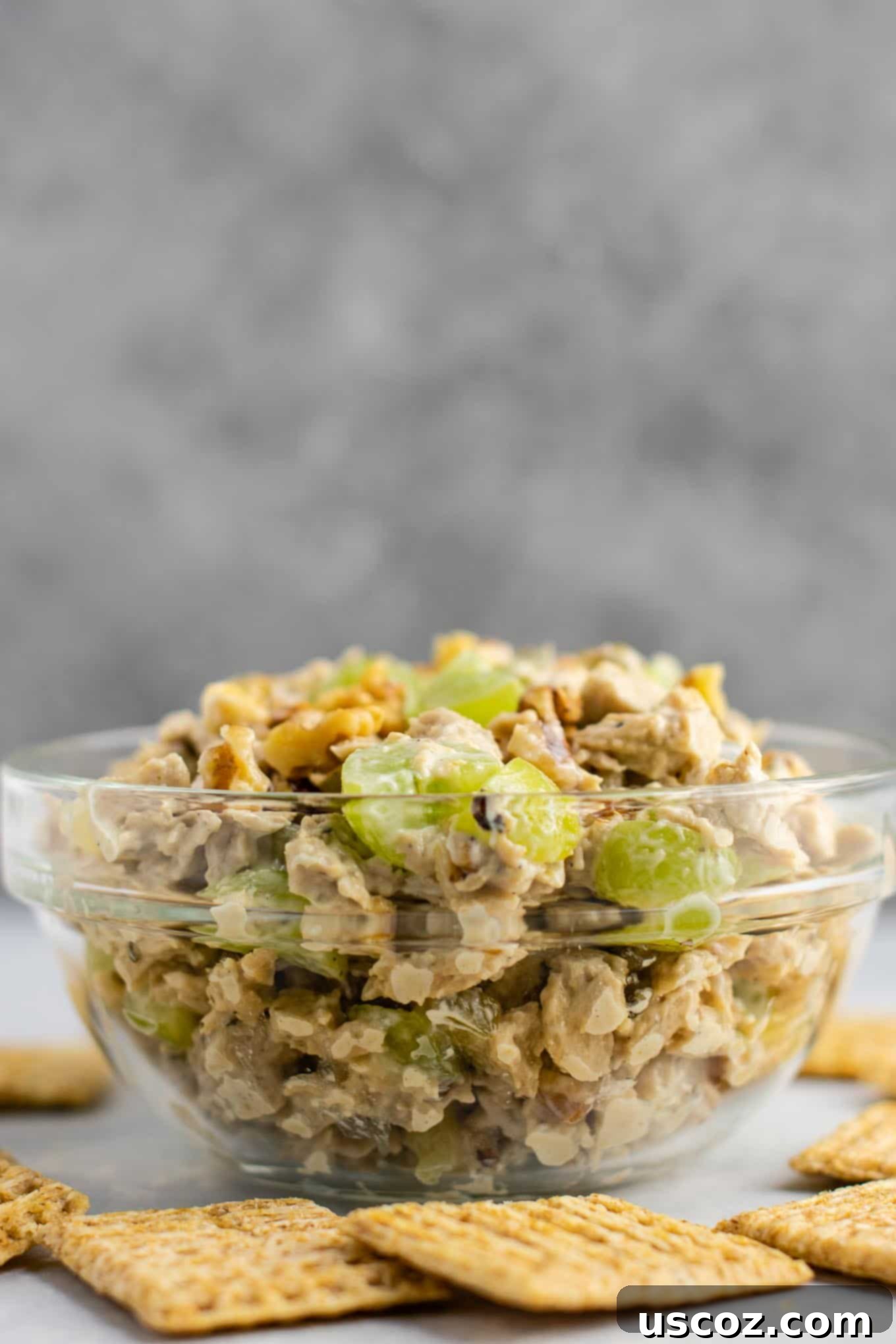 A top-down view of the prepared vegan chicken salad in a bowl, ready to be served, highlighting its fresh and wholesome ingredients.