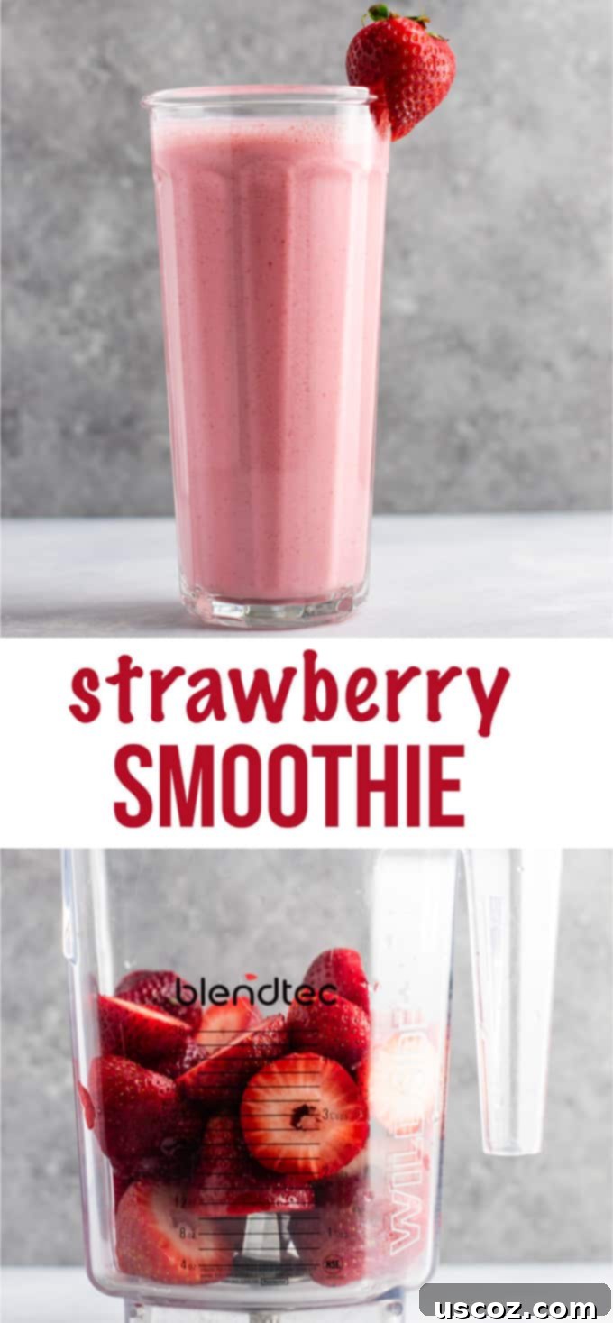 Healthy strawberry smoothie recipe. Delicious and easy-to-make for breakfast, snack, or dessert. This vegetarian recipe can also be made vegan. Perfect for a healthy lifestyle. #strawberrysmoothie #smoothie #vegetarian #breakfast #smoothierecipe #healthy #healthyfood #healthyrecipes #healthylifestyle