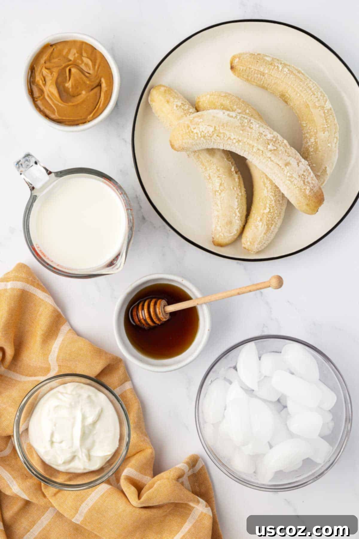 Peanut Butter Banana Dream 3 ingredients needed to make a peanut butter banana smoothie