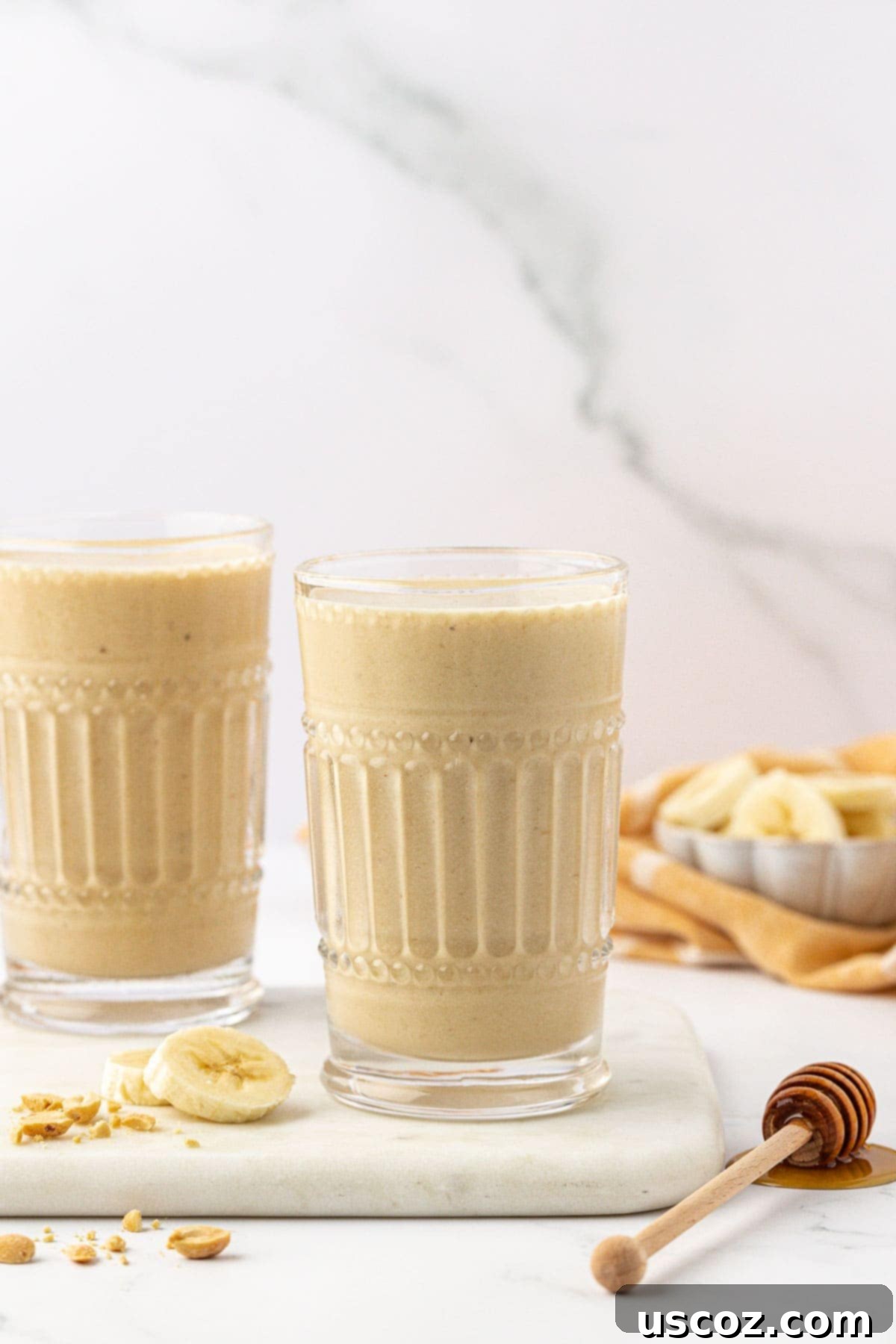 Peanut Butter Banana Dream 7 peanut butter banana smoothie in a glass