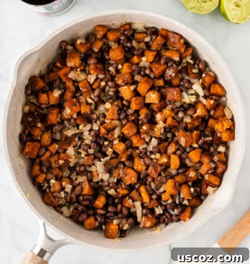 Sweet Potato Fiesta 13 sweet potato black bean taco filling in a skillet