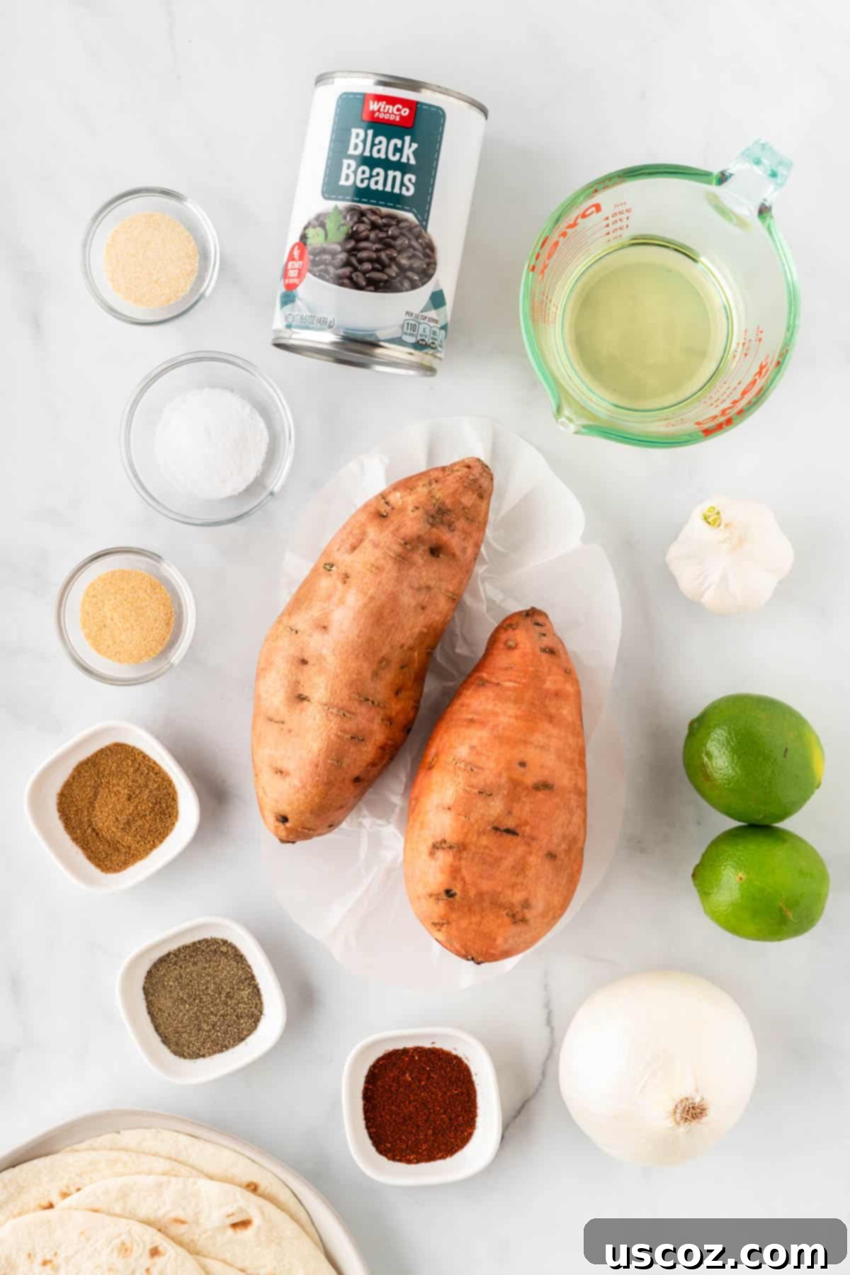 Sweet Potato Fiesta 4 ingredients needed to make sweet potato and black bean tacos
