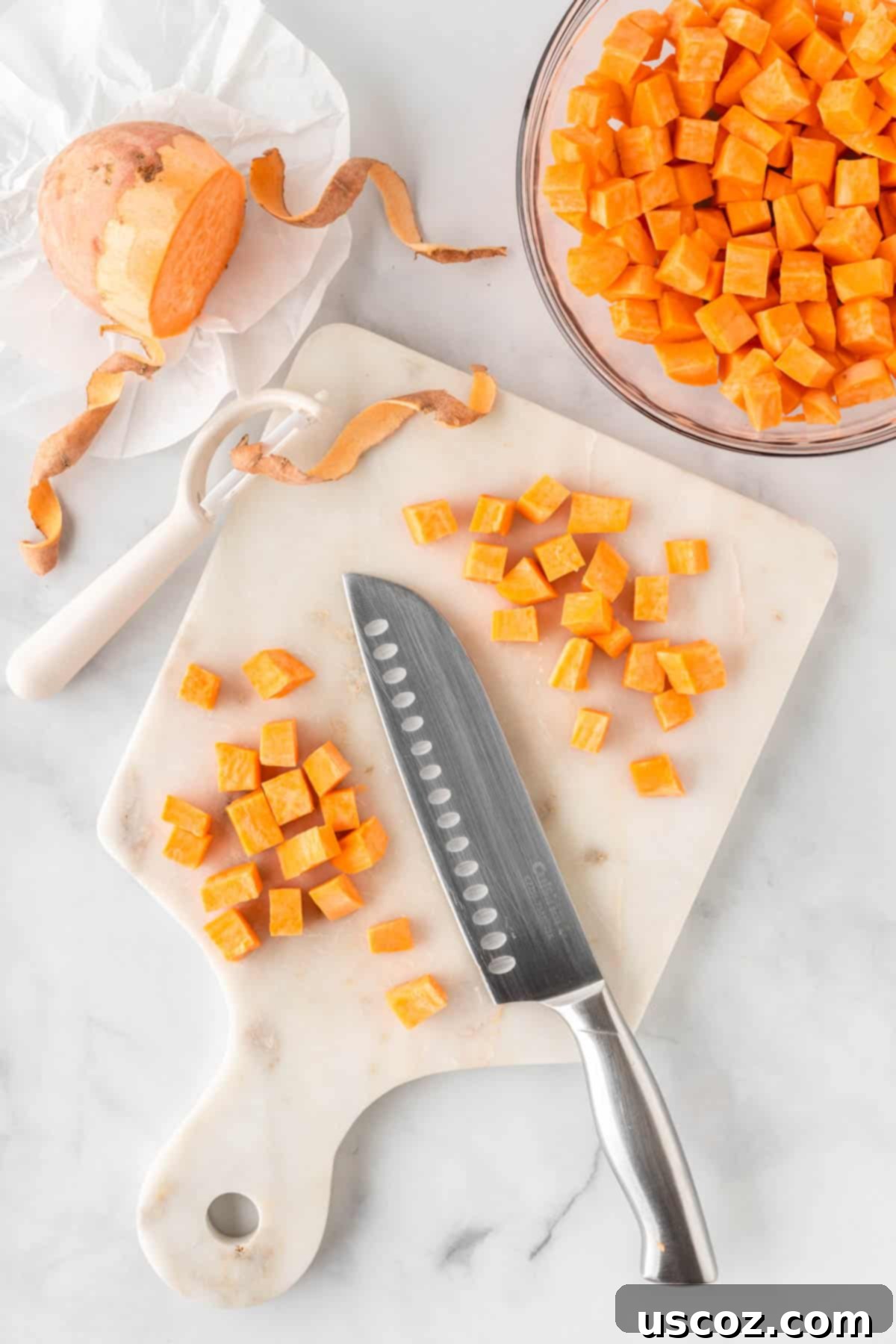 Sweet Potato Fiesta 5 cutting sweet potatoes into chunks