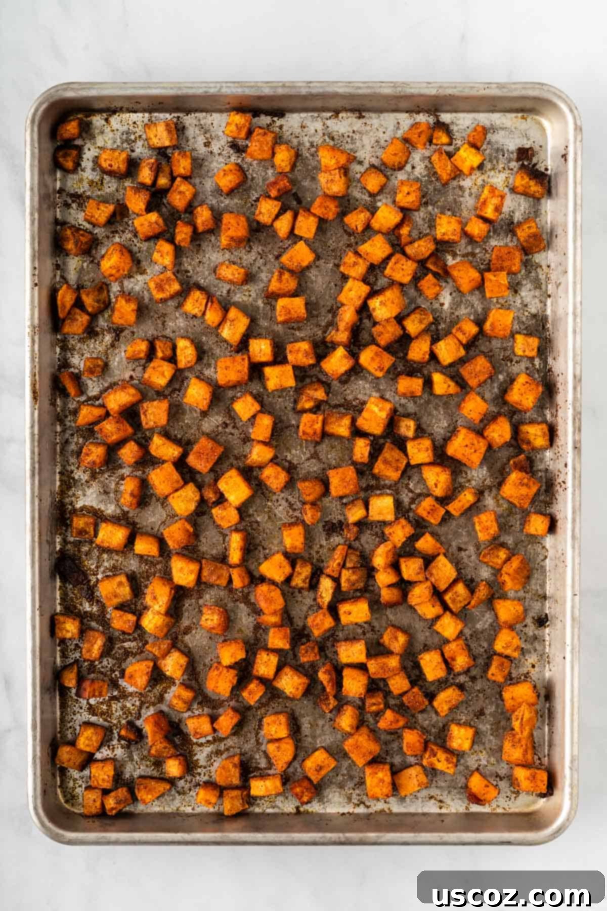 Sweet Potato Fiesta 10 roasted sweet potatoes on a baking sheet