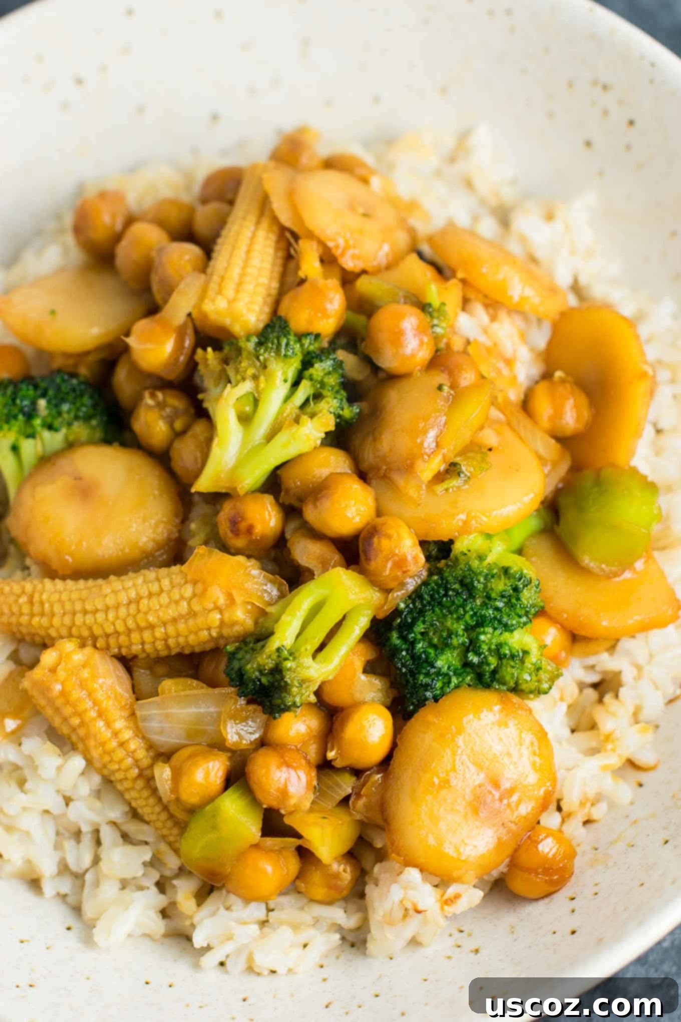 Vegan Chickpea Stir fry Bowl 2 This easy vegan chickpea stir-fry bowl with brown rice will be a hit with the whole family! It's a healthy, plant-based, and delicious dinner option. #vegan #veganstirfry #chickpeastirfry #vegandinner