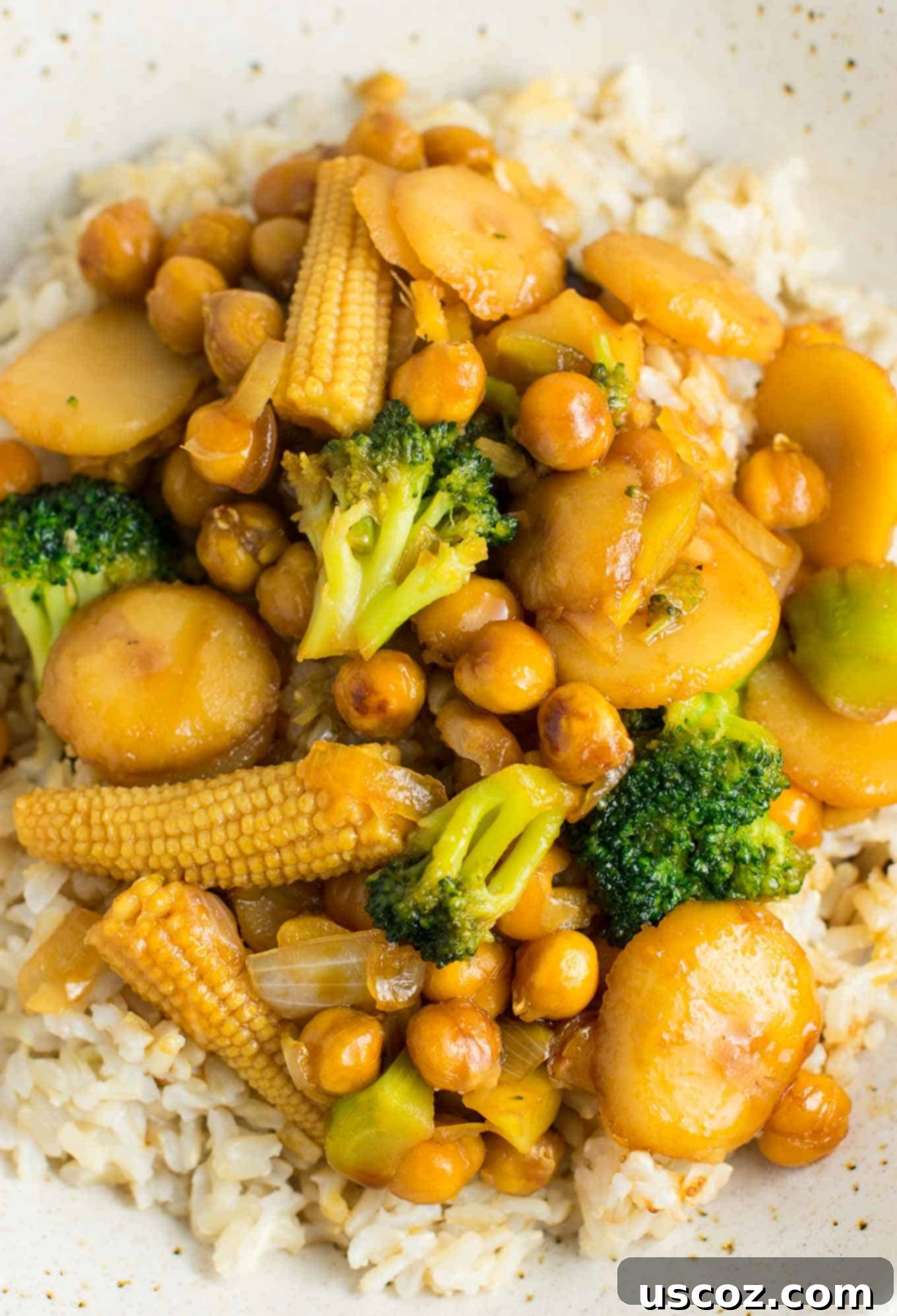 Vegan Chickpea Stir fry Bowl 5 This easy vegan chickpea stir-fry bowl features crunchy water chestnuts and tender baby corn, making it a delicious and healthy plant-based dinner. #vegan #veganstirfry #chickpeastirfry #vegandinner