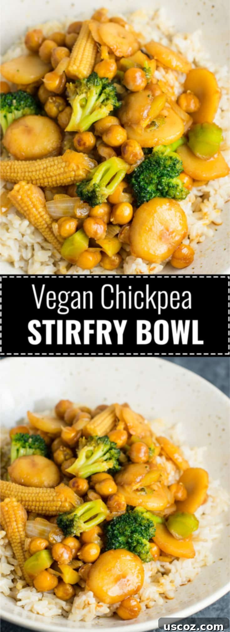 Vegan Chickpea Stir fry Bowl 8 Pin this easy vegan chickpea stir-fry bowl with brown rice for a healthy and satisfying dinner idea. #vegan #veganstirfry #chickpeastirfry #vegandinner