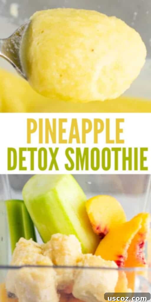 Pineapple Detox Blast 15 A graphic featuring the text "Pineapple Detox Smoothie" over a background image of the smoothie.