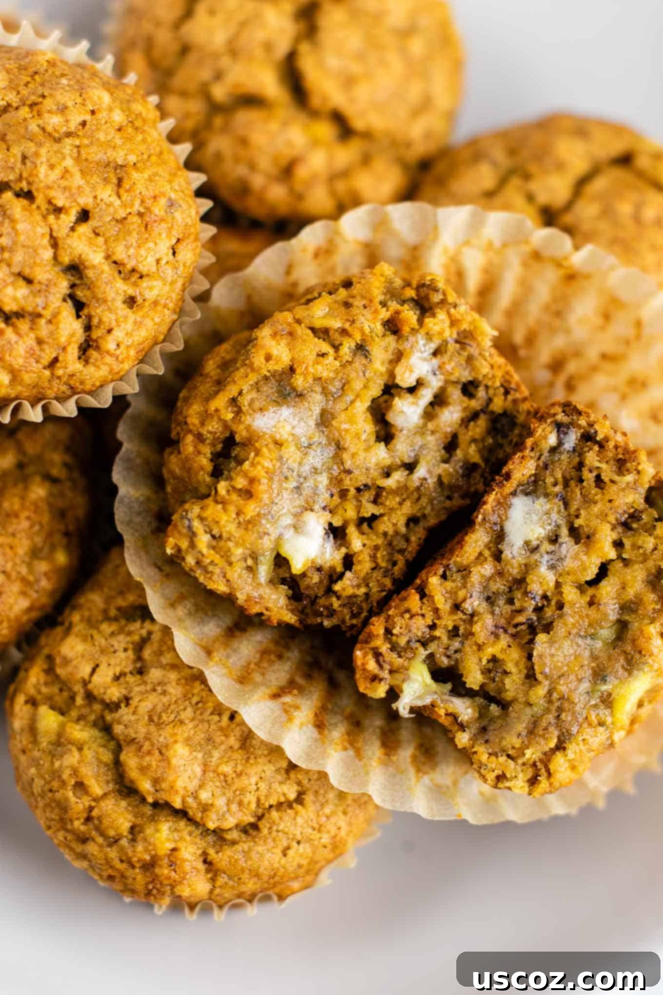 Moist Vegan Banana Muffins 8 a close-up of an easy oil free muffin recipe, highlighting its fluffy texture