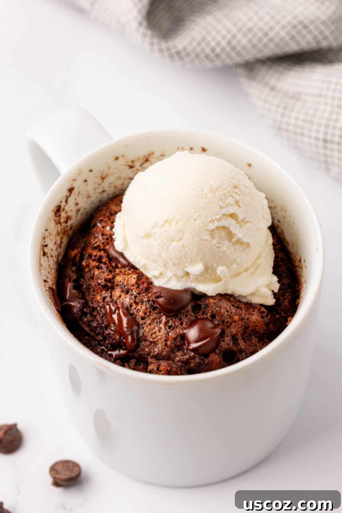 High Protein Chocolate Mug Cake 3 chocolate protein mug cake topped with vanilla ice cream