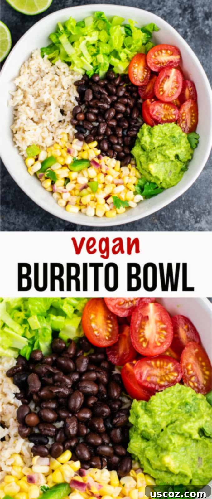 Ultimate Vegan Burrito Bowl 9 Vegan burrito bowl recipe with homemade fresh corn salsa and guacamole. Better than chipotle and so fresh and delicious! #vegan #burritobowl #meatless #chipotle #mexican #dinner #vegetarian #mealprep #dairyfree #guacamole #cornsalsa