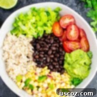Ultimate Vegan Burrito Bowl 10 Vegan burrito bowl recipe with homemade fresh corn salsa and guacamole. Better than chipotle and so fresh and delicious! #vegan #burritobowl #meatless #chipotle #mexican #dinner #vegetarian #mealprep #dairyfree #guacamole #cornsalsa