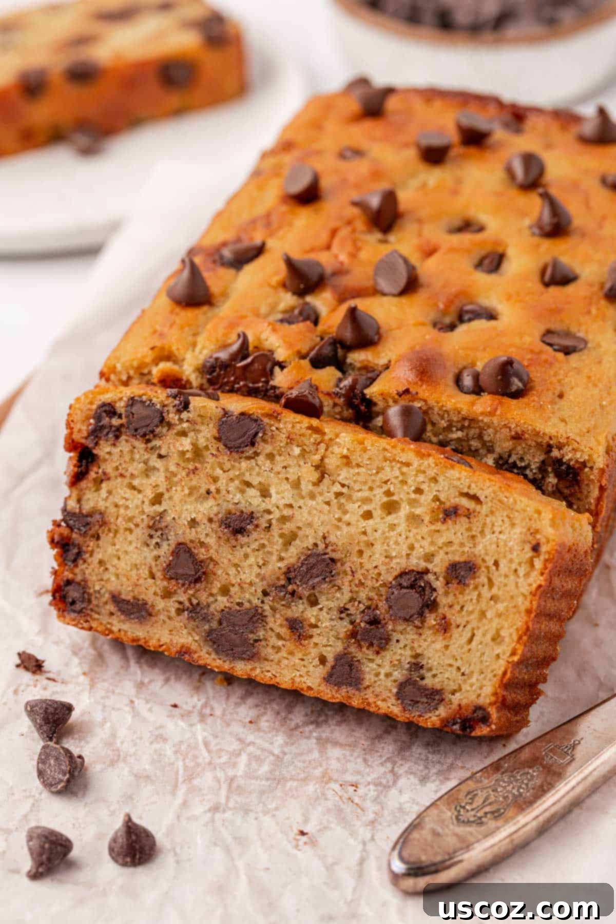 Greek yogurt chocolate chip bread, freshly baked and sliced