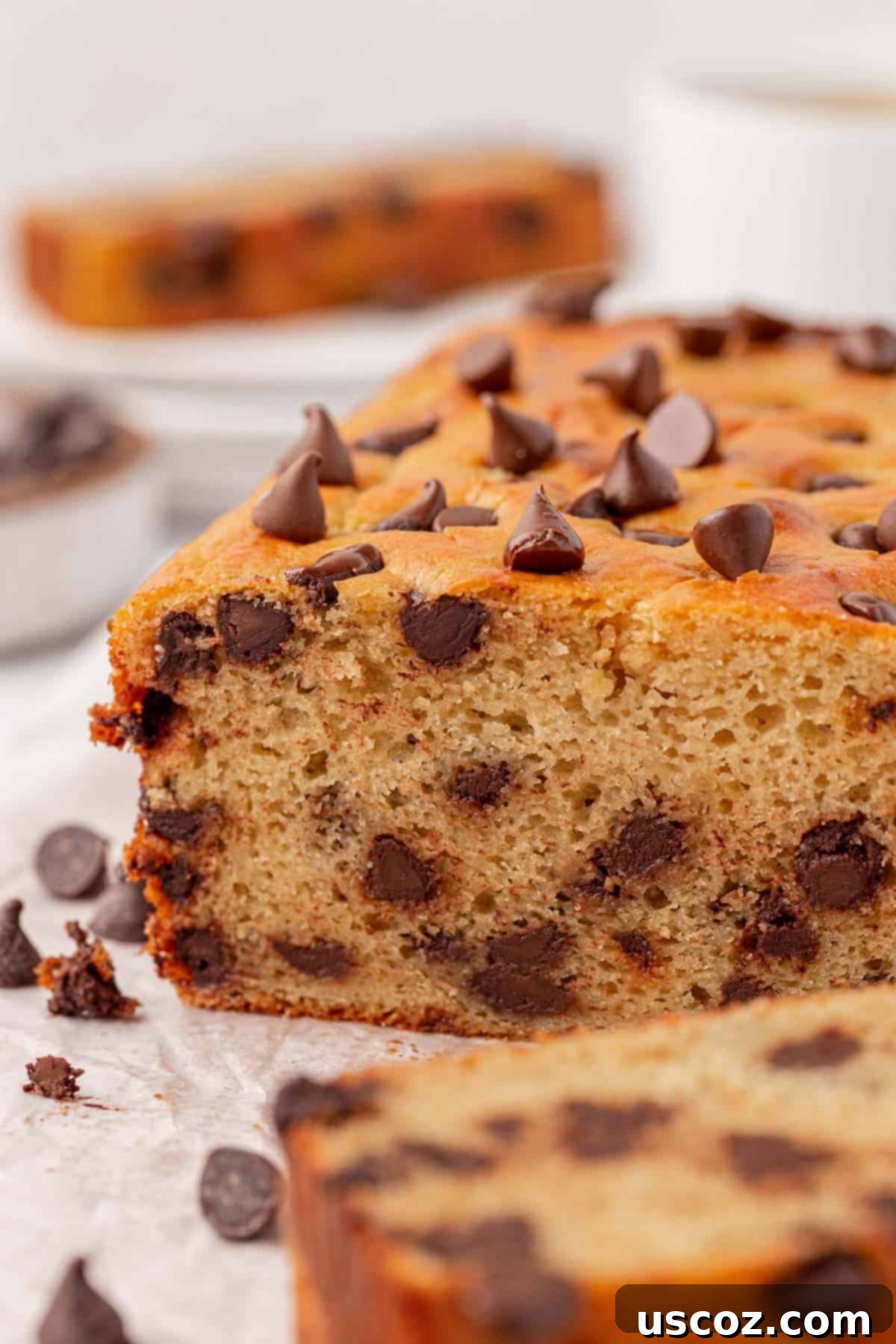 A large slice of Greek yogurt chocolate chip quick bread on a plate