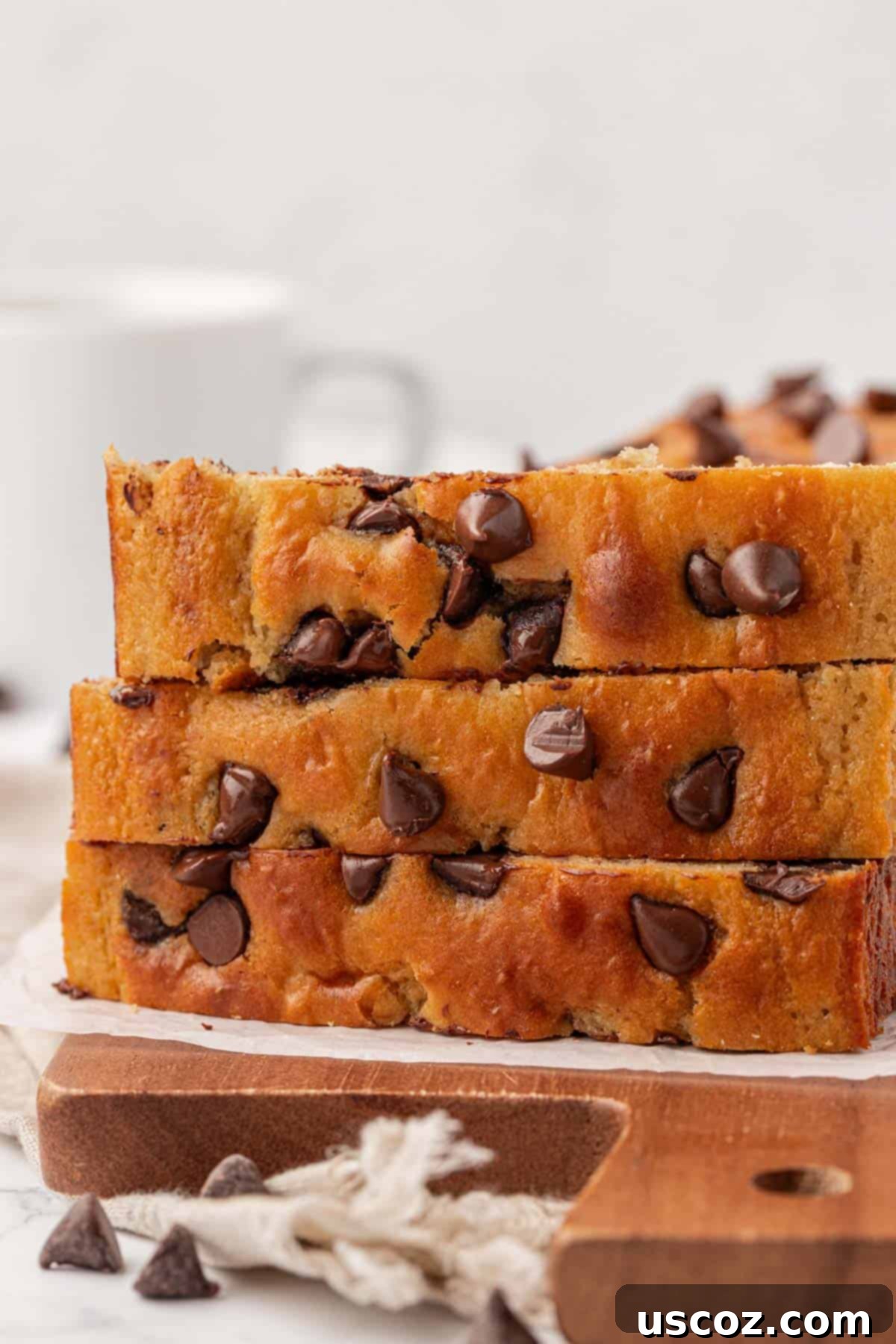 Stack of Greek yogurt chocolate chip quick bread slices