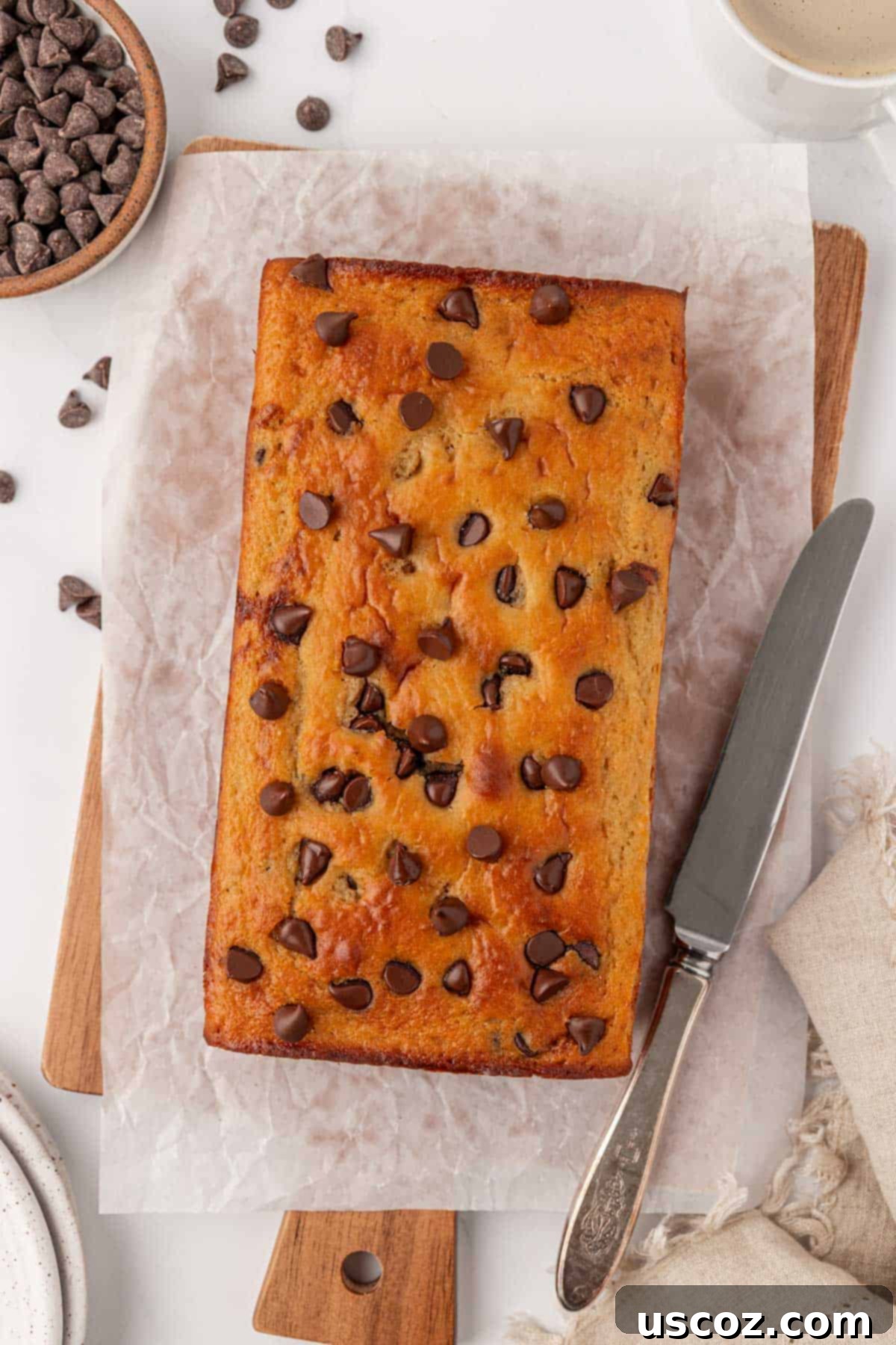 Close-up of a slice of Greek yogurt chocolate chip quick bread showing the moist crumb and melted chocolate chips