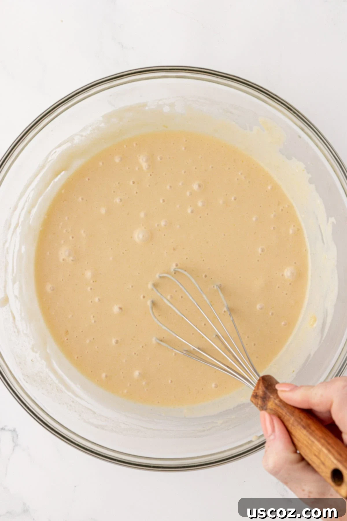 Wet ingredients whisked until smooth in a bowl