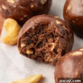 Decadent chocolate cashew energy bites, featuring dark chocolate chunks and crunchy cashew pieces