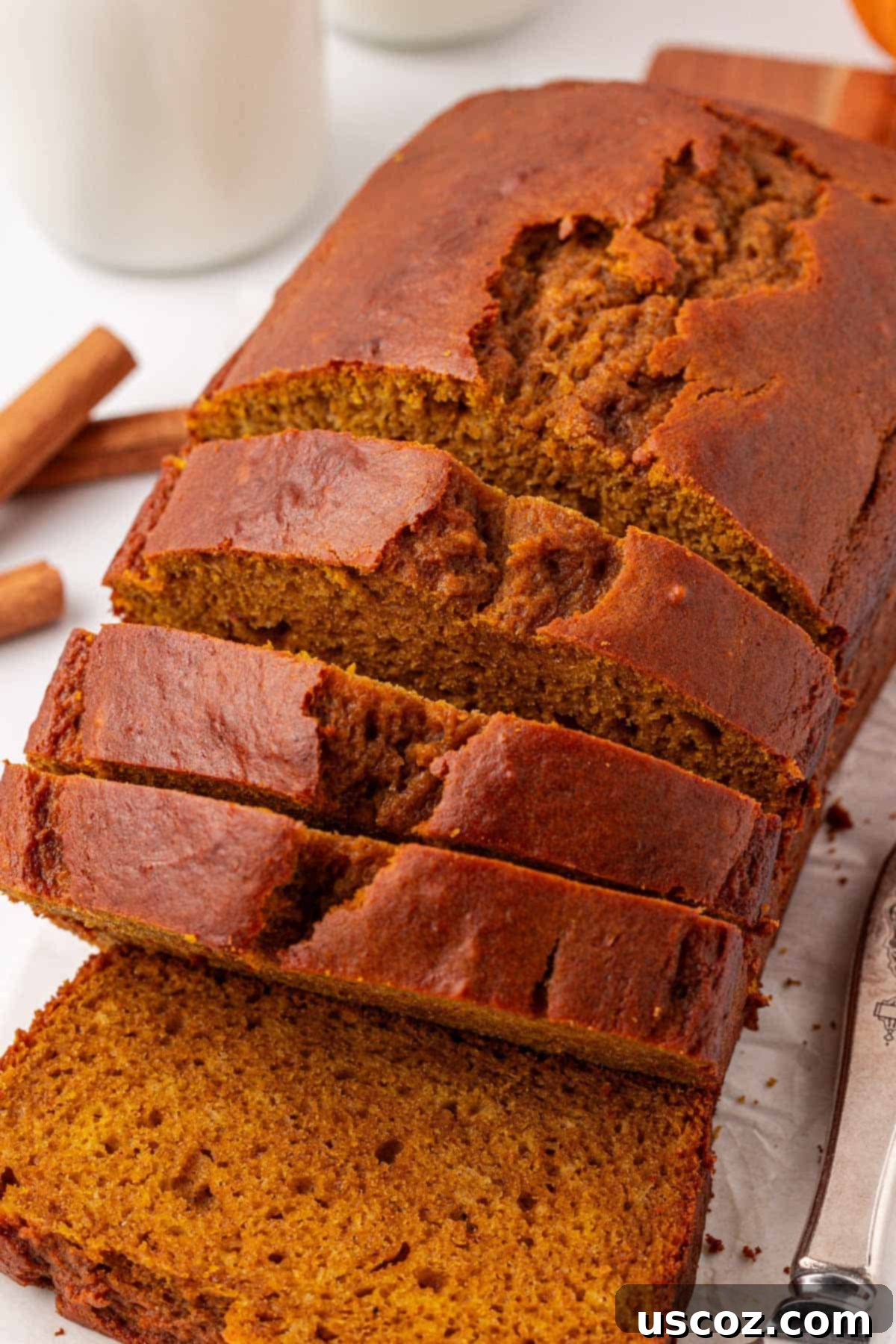 Greek yogurt pumpkin bread loaf cut into slices
