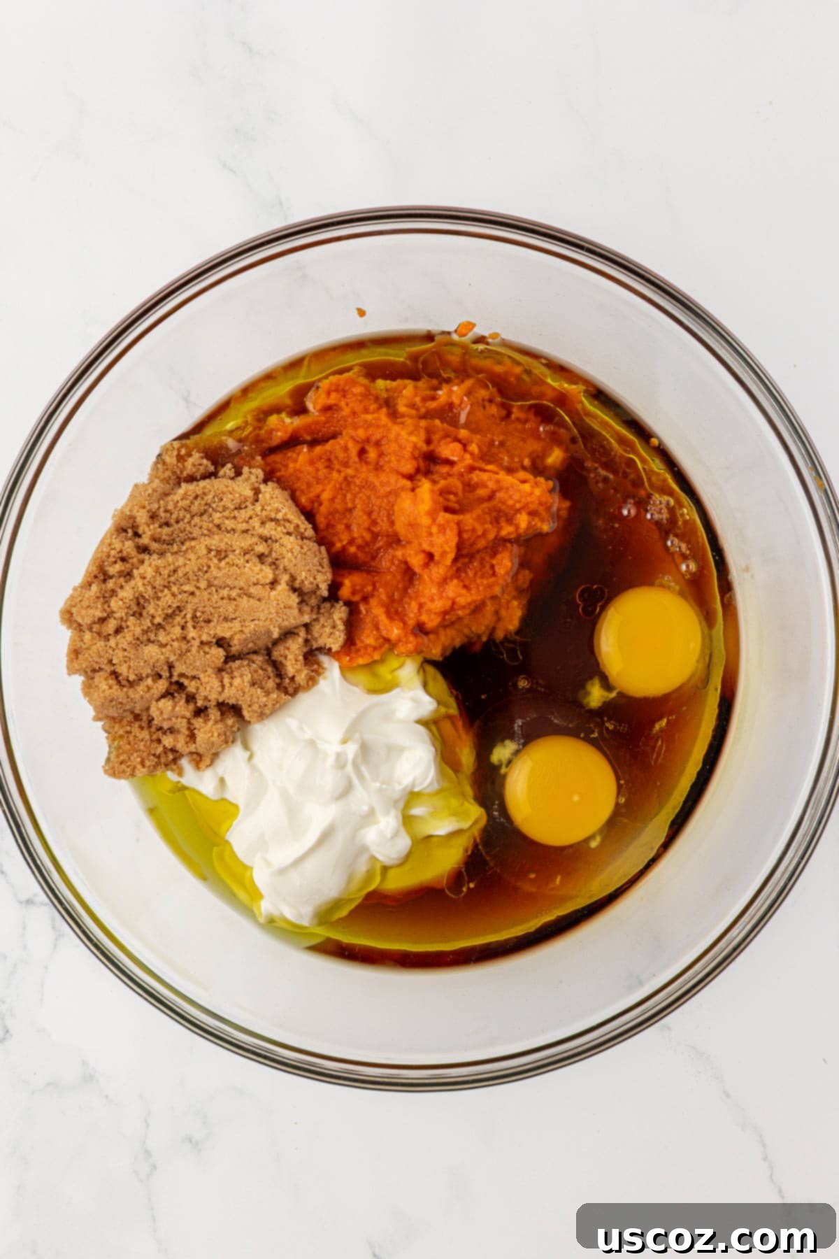 wet ingredients in a mixing bowl