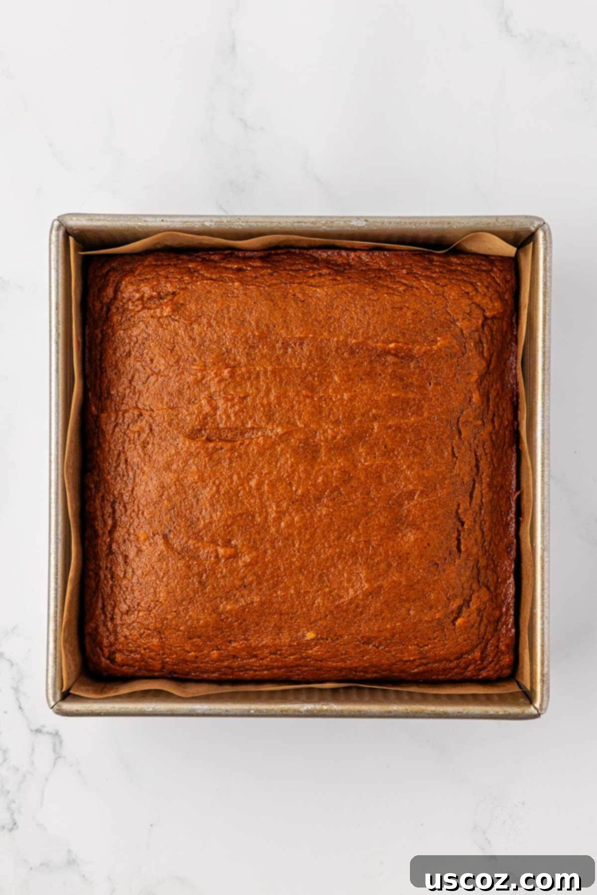 Freshly baked pumpkin cake cooling in a square baking pan
