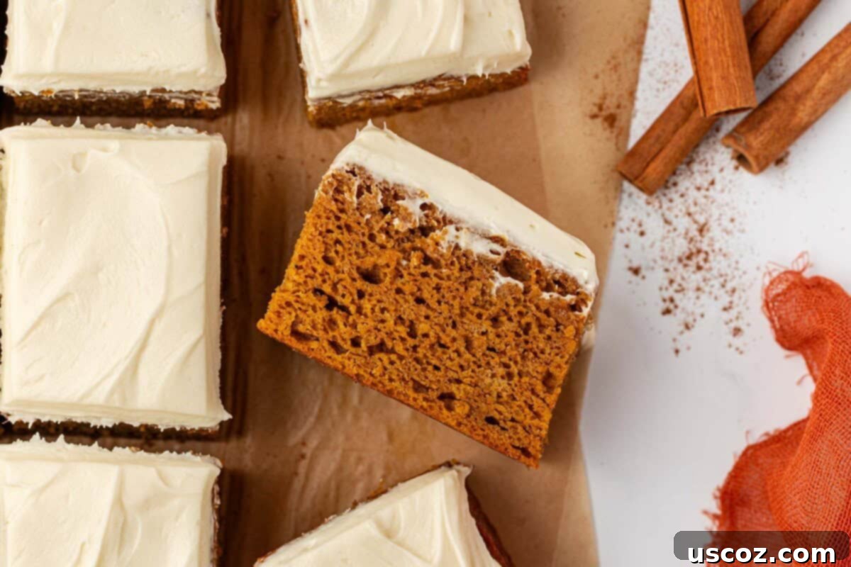 Close-up of a perfectly baked and frosted pumpkin snack cake