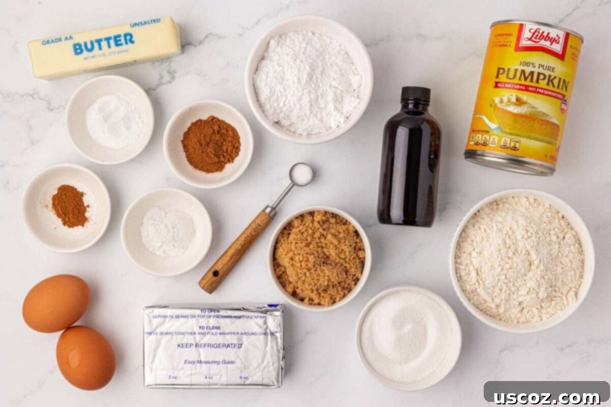 Various baking ingredients arranged for a pumpkin snack cake recipe, including canned pumpkin, eggs, butter, flour, and spices