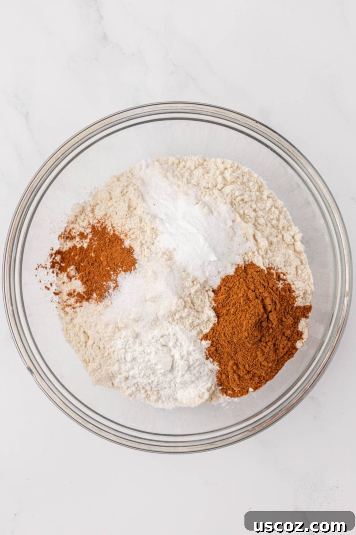 Dry ingredients for pumpkin snack cake in a mixing bowl before whisking