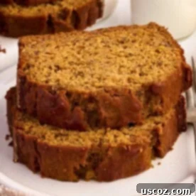 Pumpkin Banana Bread on a plate, detailed recipe card image
